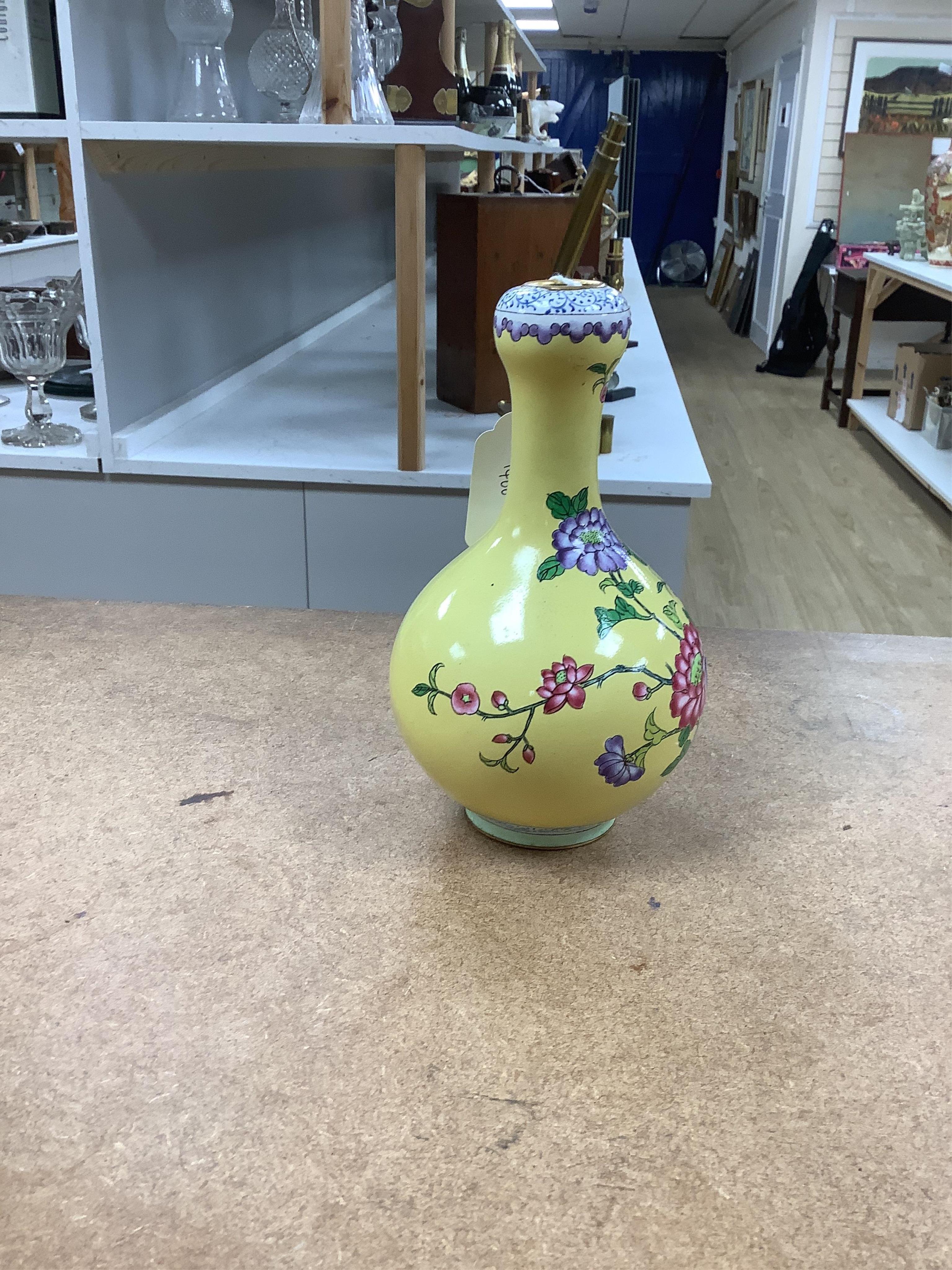 A Royal Doulton horse, ‘Grundy’, and a Chinese enamel on copper vase. Condition - poor to fair